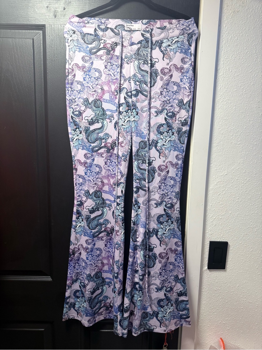 Bershka Lavender Dragon-Print Flare Pants